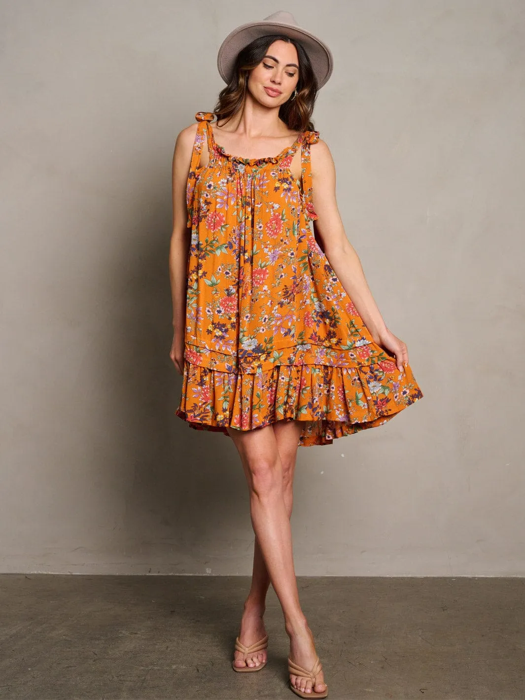 WOMEN'S SLEEVELESS RUFFLE BOTTOM HEM FLORAL TUNIC MINI DRESS