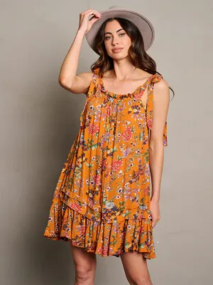 WOMEN'S SLEEVELESS RUFFLE BOTTOM HEM FLORAL TUNIC MINI DRESS