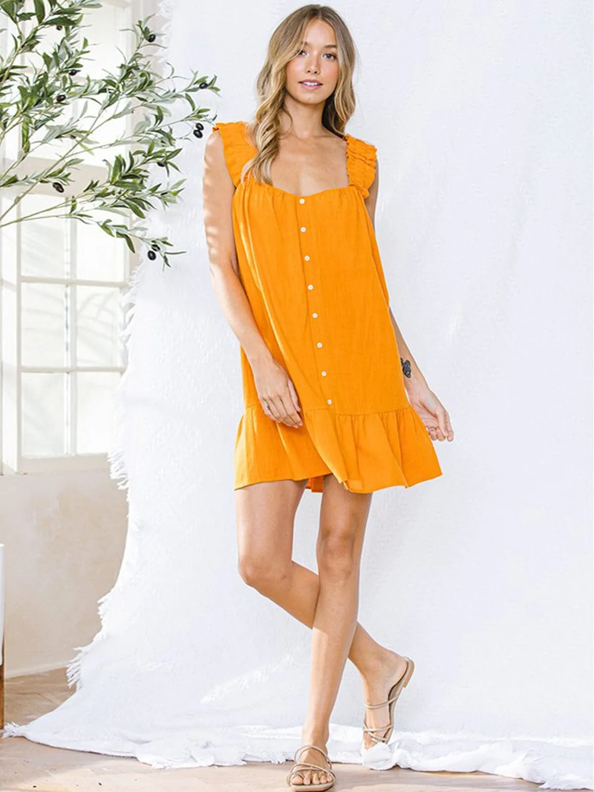WOMEN'S SLEEVELESS RUFFLE BOTTOM HEM TUNIC MINI DRESS