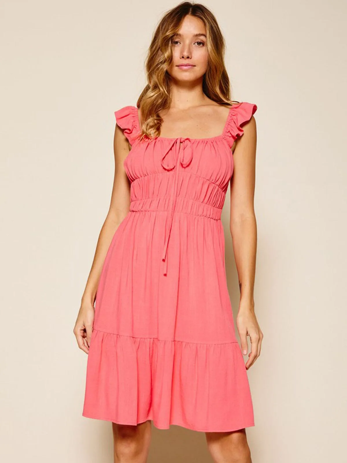 WOMEN'S SLEEVELESS RUFFLE SMOCK TIERED MINI DRESS