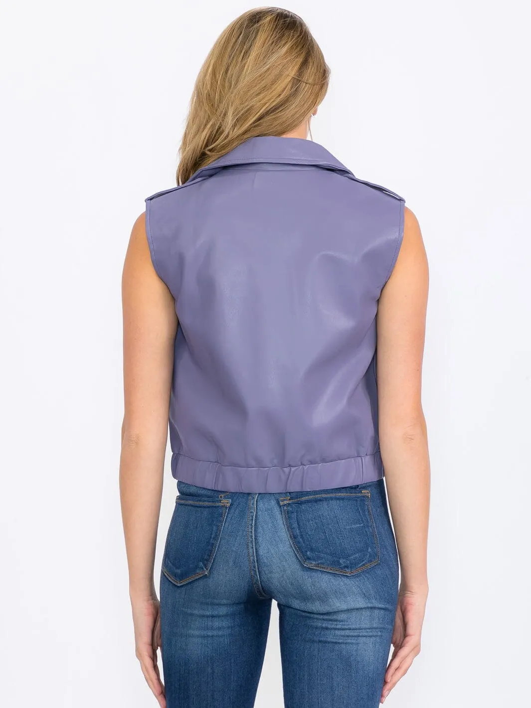 WOMEN'S SLEEVELESS ZIP UP FRONT POCKETS PU PLEATHER VEST