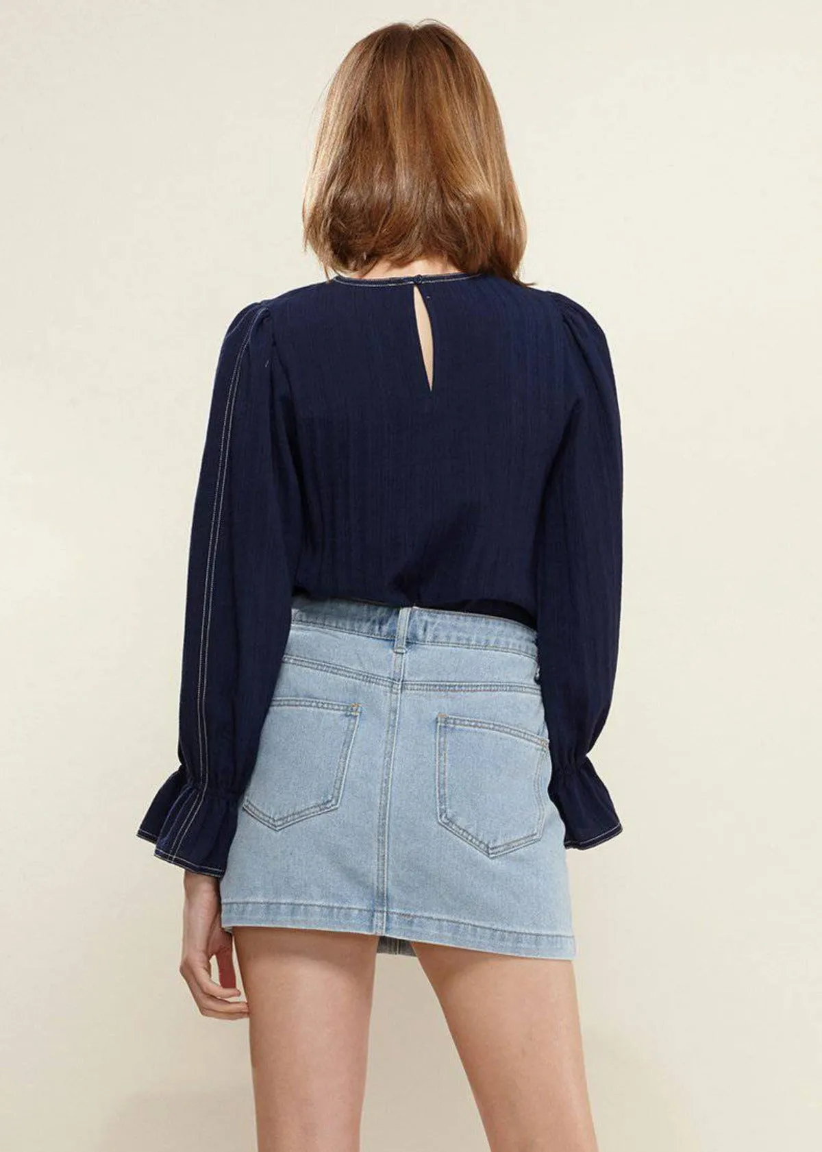 Women's Stitch Accent Puff Shoulder Bell Cuff Top in Navy