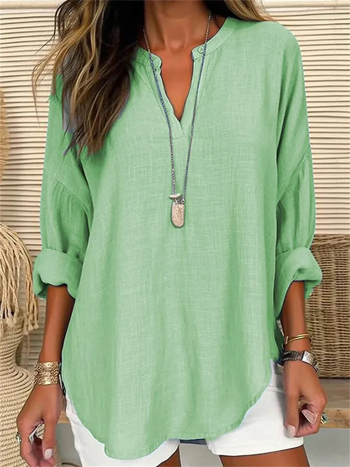 Women's Summer Vacation V Neck Linen Long Sleeve Shirt