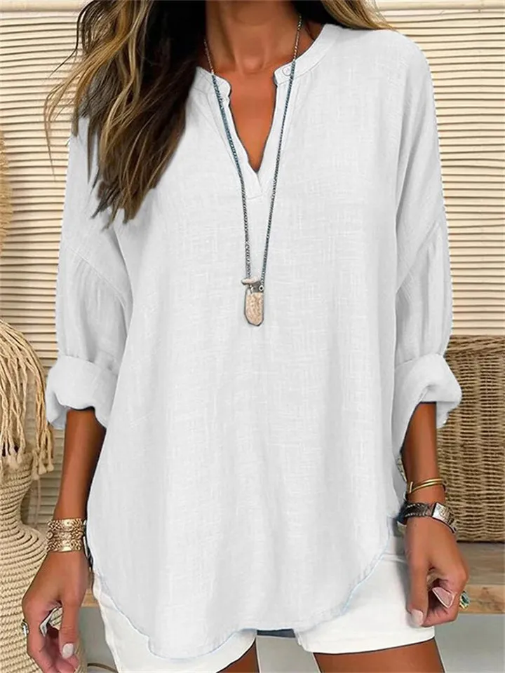 Women's Summer Vacation V Neck Linen Long Sleeve Shirt