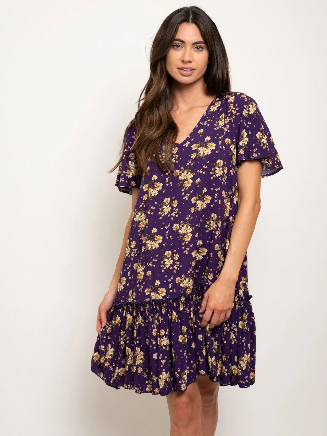 WOMEN'S V-NECK RUFFLE FLORAL MINI DRESS
