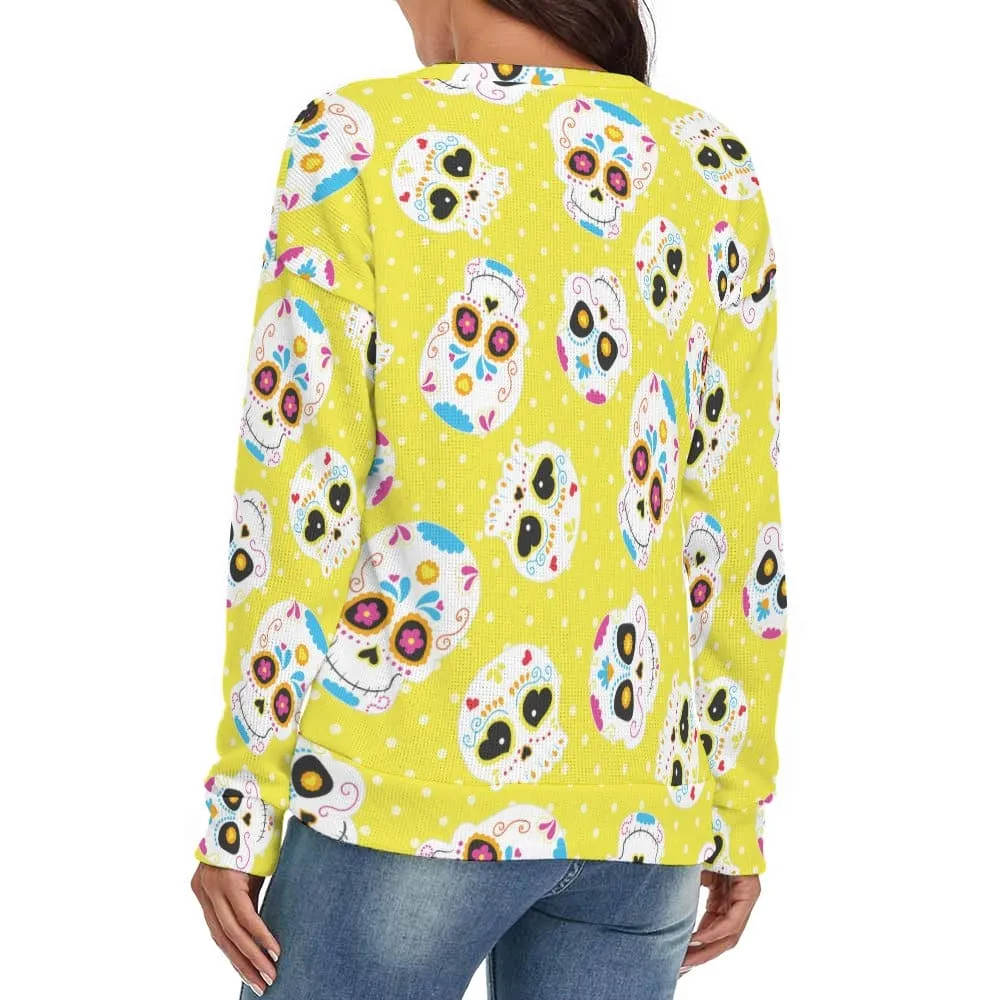 Women's Yellow Sugar Skulls V-Neck Long Sleeve Sweater