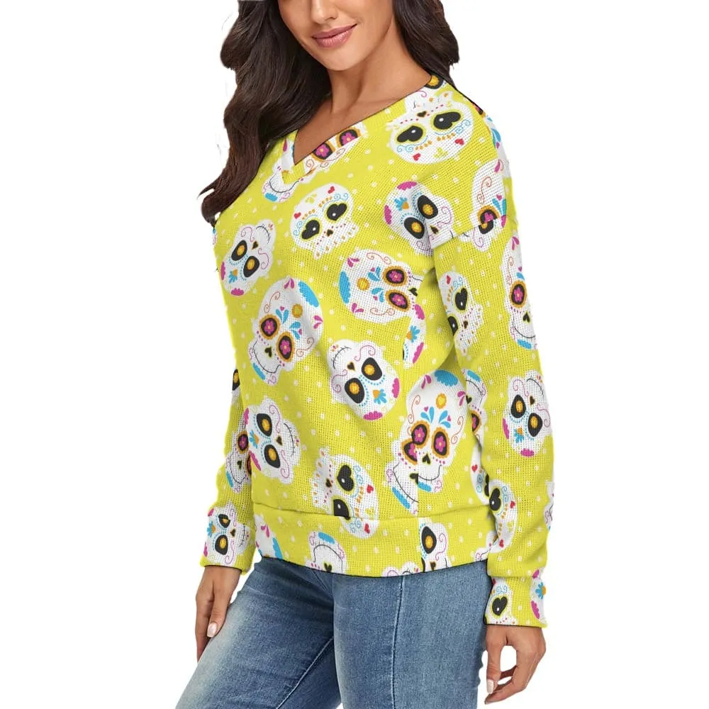 Women's Yellow Sugar Skulls V-Neck Long Sleeve Sweater