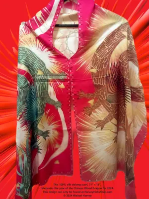 Wood Dragon Scarf oblong, 100%silk, celebrating 2024 Chinese Lunar New Year