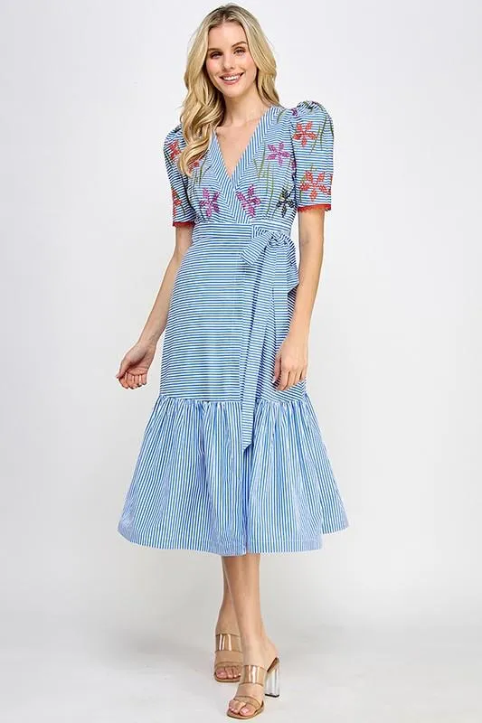 Wrap Around Striped Embroidered Midi Dress