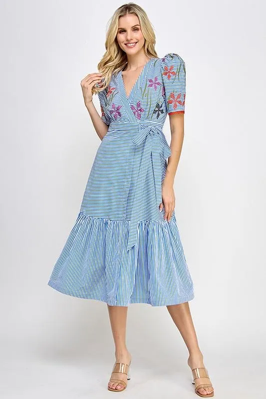 Wrap Around Striped Embroidered Midi Dress