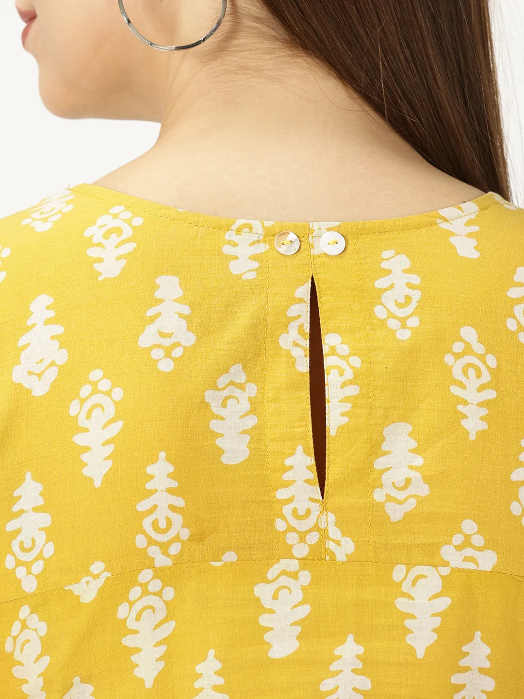 Yellow Abstract Print Cotton Dress with Lace Inserts