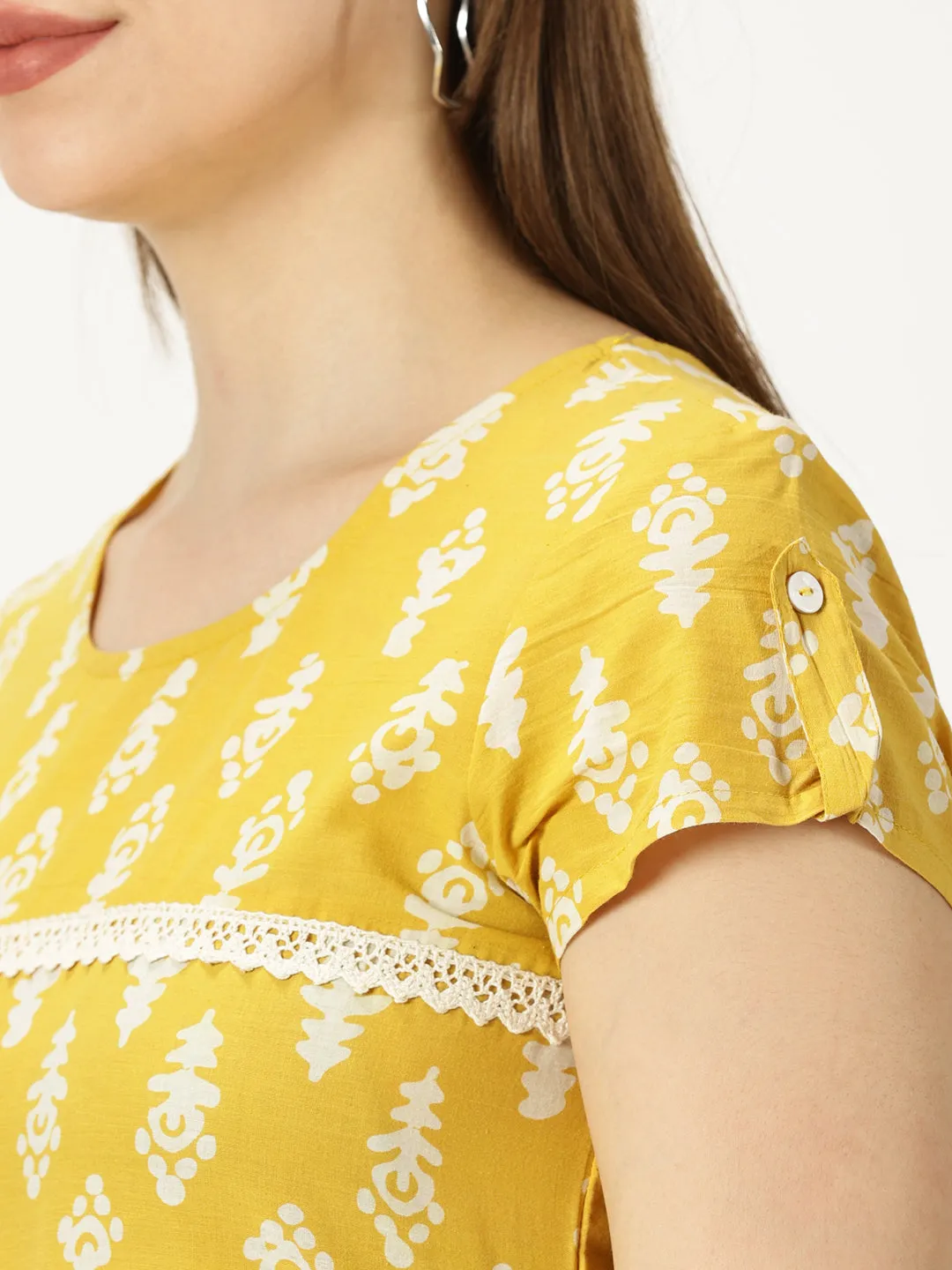 Yellow Abstract Print Cotton Dress with Lace Inserts