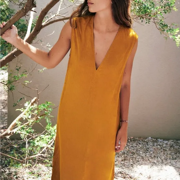 Zara Golden Yellow Linen Tunic Midi Sleeveless Dress