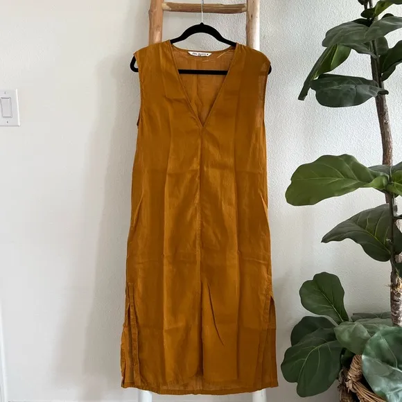 Zara Golden Yellow Linen Tunic Midi Sleeveless Dress