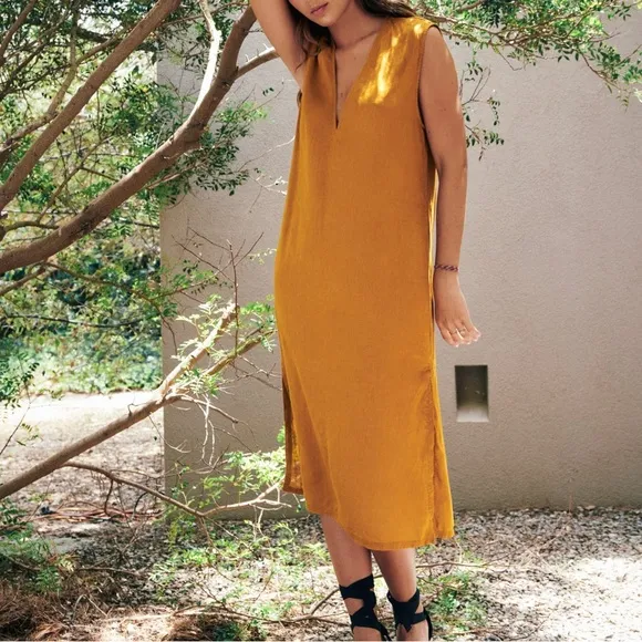 Zara Golden Yellow Linen Tunic Midi Sleeveless Dress