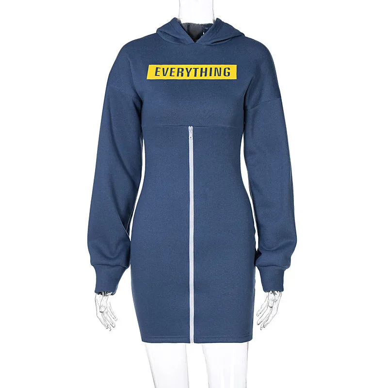 Zipper Round Neck Hoodies Sweatshirts Printed Mini Dresses