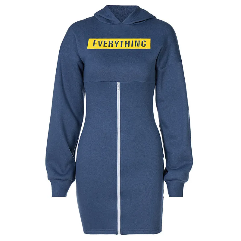 Zipper Round Neck Hoodies Sweatshirts Printed Mini Dresses
