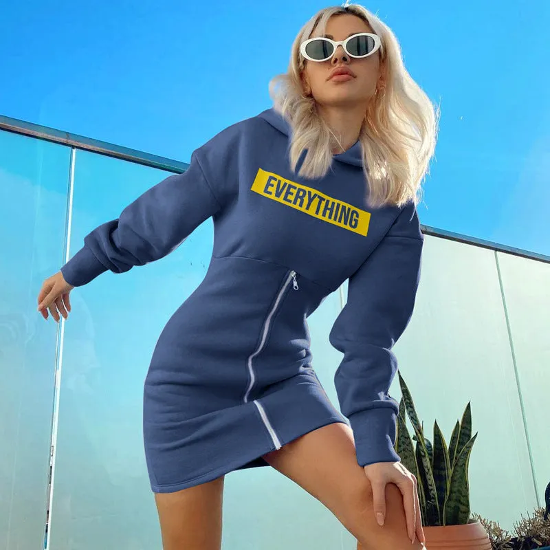 Zipper Round Neck Hoodies Sweatshirts Printed Mini Dresses