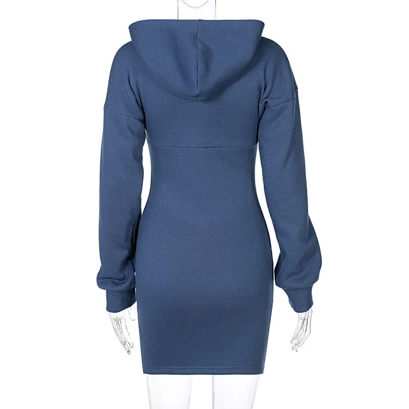 Zipper Round Neck Hoodies Sweatshirts Printed Mini Dresses