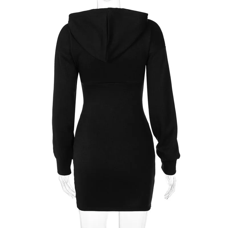 Zipper Round Neck Hoodies Sweatshirts Printed Mini Dresses