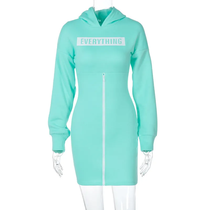 Zipper Round Neck Hoodies Sweatshirts Printed Mini Dresses