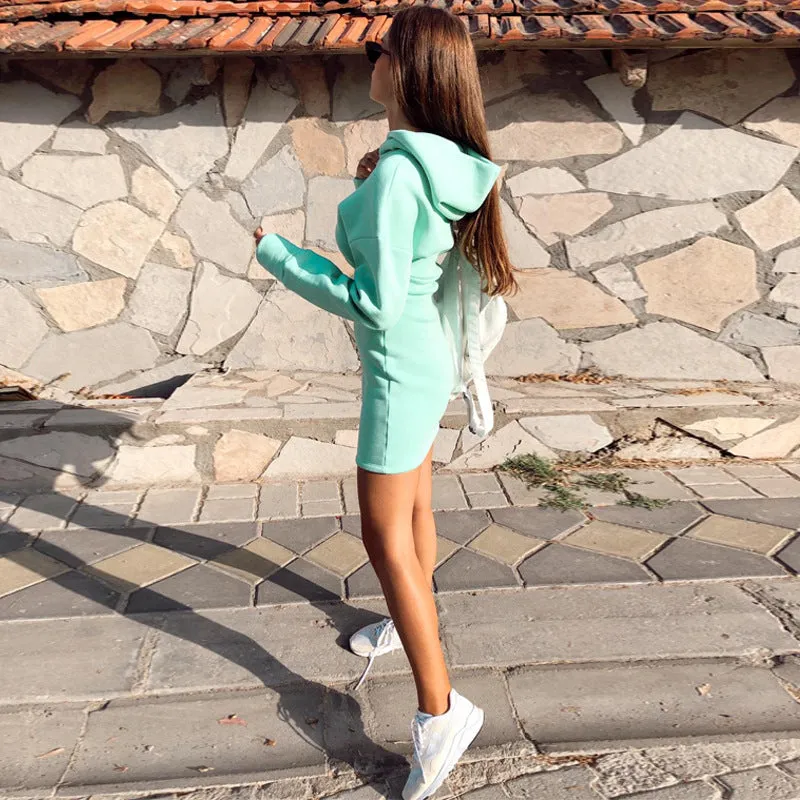 Zipper Round Neck Hoodies Sweatshirts Printed Mini Dresses