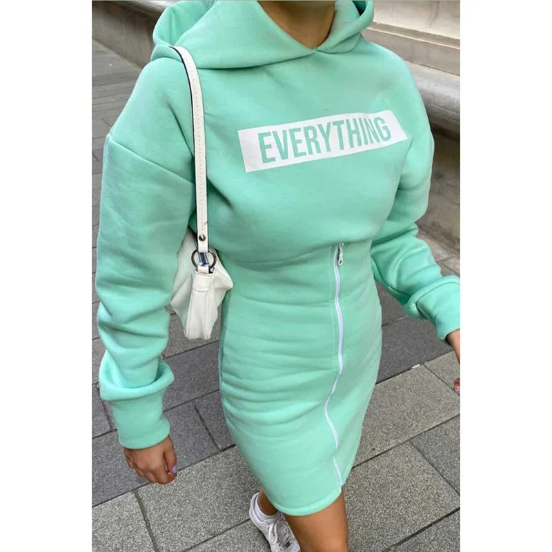 Zipper Round Neck Hoodies Sweatshirts Printed Mini Dresses