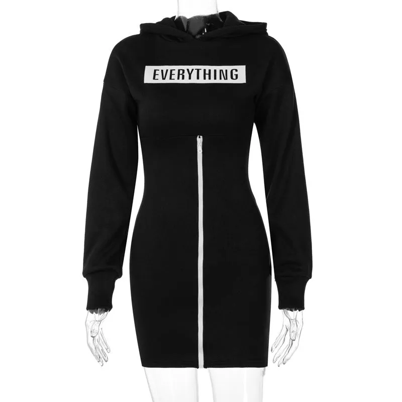 Zipper Round Neck Hoodies Sweatshirts Printed Mini Dresses