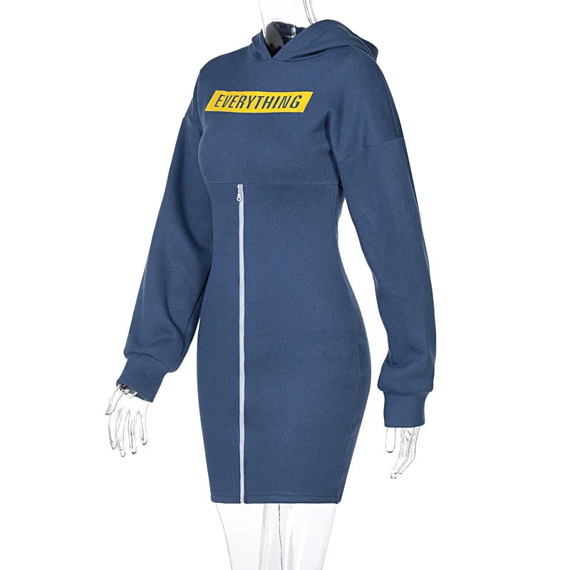 Zipper Round Neck Hoodies Sweatshirts Printed Mini Dresses