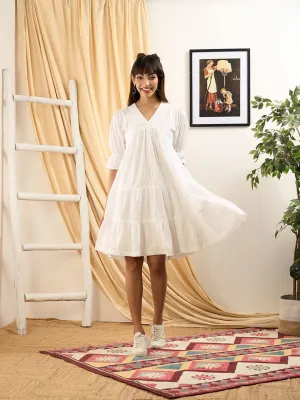 ZOLA V-Neck Cotton Striped Tiered Calf Length Bell Sleeves White Flared Dresses For Women
