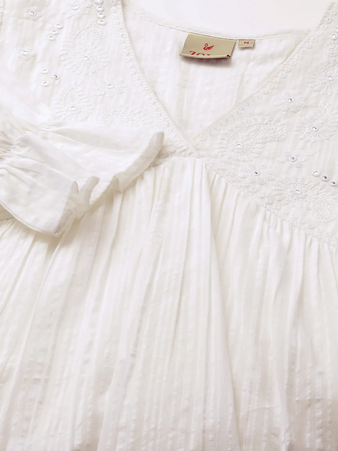 ZOLA V-Neck Cotton Striped Tiered Calf Length Bell Sleeves White Flared Dresses For Women